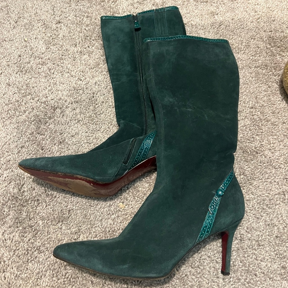 Ann Taylor Green Suede Velvet Leather Pointed Toe Heels Boots Knee High Booties
